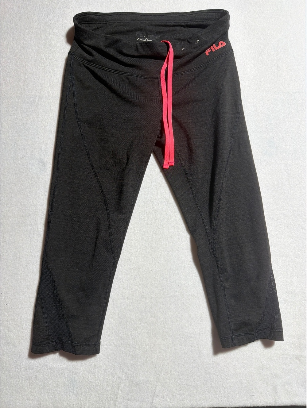 Fila Black Capri Workout Leggings with Pink Drawstring and Back Zip Pocket